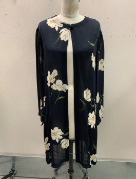 J. PETERMAN CO, Black, Cream, Silk, Floral, Round Neck, 1 Button At Neck, Sheer, Side Vents