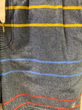 ZANEROBE, Denim Blue, Yellow, Blue, Red, Cotton, Stripes - Horizontal , Elastic Drawstring Waist, 4 Pockets