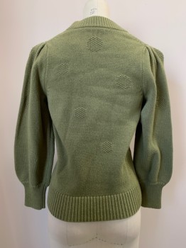 MADEWELL, Lt Olive Grn, Cotton, Wool, Puff Long Sleeves, Crew Neck, Circle Knit Detail