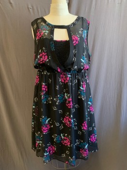 TORRID, Black, Purple, Multi-color, Polyester, Floral, Round Neck, Keyhole CF, Elastic Waistband, Black Lace Dickie Attached, Black Lining, Teal Blue And Gray Details