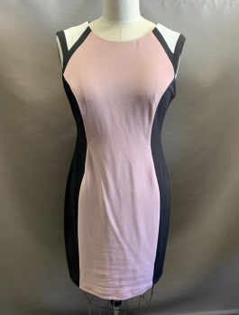 CONNECTED APPAREL, Black, Blush Pink, White, Polyester, Viscose, Color Blocking, Round Neck,  Zip Back, Hem at Knee, Body-con