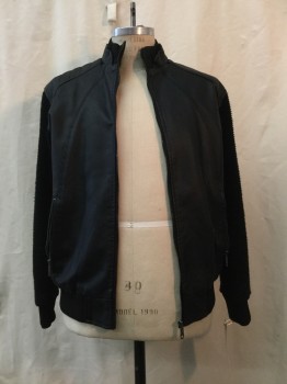 TIM BAKER, Black, Faux Leather, Polyester, Solid, Black Faux Leather, Zip Front, 2 Zip Pockets, Waffle Knit Sleeves