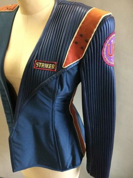 Womens, Sci-Fi/Fantasy Piece 2, MTO, Blue, Orange, Red, Spandex, Leather, Solid, 25W, 34B, Jacket, Pin Tuck Leather Left Sleeve and Yoke, No Closures, Orange Shoulder Epaulet and Right Side Stripe, Strong Shoulders, Red Side Stripe On Left Side