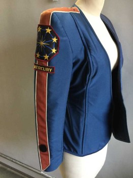 Womens, Sci-Fi/Fantasy Piece 2, MTO, Blue, Orange, Red, Spandex, Leather, Solid, 25W, 34B, Jacket, Pin Tuck Leather Left Sleeve and Yoke, No Closures, Orange Shoulder Epaulet and Right Side Stripe, Strong Shoulders, Red Side Stripe On Left Side
