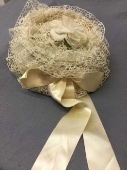 Womens, Hat 1890s-1910s, NL, Cream, Straw, Silk, Solid, Cream Straw Base, Covered with Cream Net Ruffles, Cream Silk Satin Band and Self Bow with Hanging Ends, Silk Flower At Top Of Crown, with Built In Elastic Strap