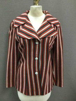 Womens, Blazer, N/L, Tomato Red, Forest Green, White, Polyester, Stripes - Vertical , Single Breasted, 3 White And Gold Buttons, Wide Oversized Lapel, Fitted, Hip Length, Late 1960's