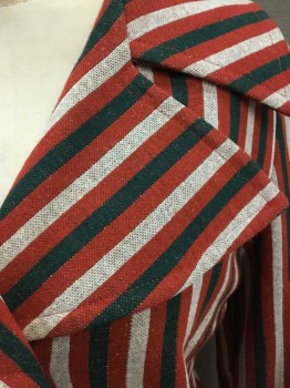 Womens, Blazer, N/L, Tomato Red, Forest Green, White, Polyester, Stripes - Vertical , Single Breasted, 3 White And Gold Buttons, Wide Oversized Lapel, Fitted, Hip Length, Late 1960's