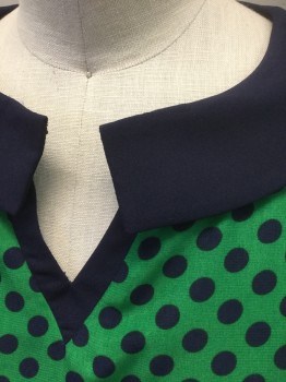 DEAR CREATURES, Green, Navy Blue, Polyester, Polka Dots, Solid, Top Half is Green with Navy Polka Dots, Sleeveless, Pleated Skirt Bottom is Solid Navy, Round Solid Navy Collar, Round Neck with Notch at Center Front, Paper Bag Style Waist, Hem Above Knee
