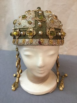 Unisex, Historical Fiction Headpiece, MTO, Lt Green, Gold, Amber Yellow, Pearl White, Silk, Metallic/Metal, Floral, Soft Brocade Cap with Metallic Ribbon Applique, Natural Looking Tourmaline Stones Set in Gold, Heavy Gold Beaded "earrings" Attached to Cap