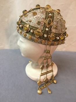 Unisex, Historical Fiction Headpiece, MTO, Lt Green, Gold, Amber Yellow, Pearl White, Silk, Metallic/Metal, Floral, Soft Brocade Cap with Metallic Ribbon Applique, Natural Looking Tourmaline Stones Set in Gold, Heavy Gold Beaded "earrings" Attached to Cap