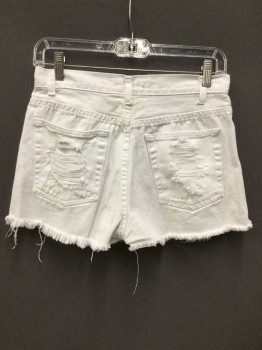 Womens, Shorts, SIGNATURES, White, Cotton, Lycra, Solid, W 26, SHORTS: White Denim, Ripped All Over, Zip Front, Frayed Hem, See Photo Attached,