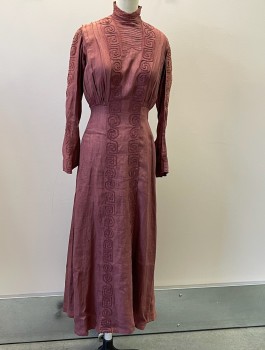 Womens, Dress 1890s-1910s, N/L, Mauve Pink, Linen, Solid, W:26, B:36, Long Sleeves, Shirt Waist, High Collar with Fine Horizontal Pintucks, Curled Mauve Cording Applique Detail At Neck/Shoulders, In Column Down Center Back, and At Outseam Of Sleeves, Vertical 1/2" Wide Tucks At Torso/Top Half, Empire Waist, Floor Length Hem, **Has Wear/Mends/Sun Damage At Shoulders, A Few Small Mended Holes Throughout,
