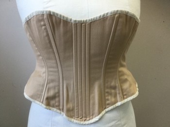Womens, Corset 1890s-1910s, N/L, Khaki Brown, Cotton, Solid, W35, B42, W/cream Trim, Off White Lacing Back,