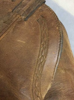 Mens, Cowboy Boots , VIBRAM, Brown, Leather, 10, Brown Aged Leather, Brown Piping and Embroidery, Pointed Toe, 1.5" Cuban Heel