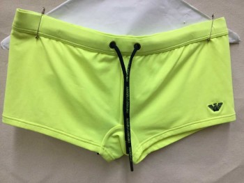 ARMANI, Yellow, Polyester, Spandex, Solid, Short Shorts, Neon Yellow, 1" Elastic Waistband W/black D-string Cord