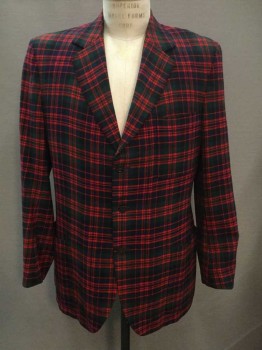 ANDERSON'S, Red, Green, Navy Blue, Black, Wool, Plaid, Single Breasted, Collar Attached, Notched Lapel, 3 Pockets, 3 Buttons