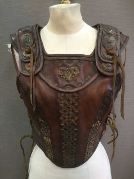 Womens, Historical Fict Breastplate , MTO, Brown, Metallic, Leather, S, Brown Fitted Front, with Crosshatch Studded Leather Detail and Metal Medallions On Shoulder Pieces, Lace Leather Side Ties, Shoulder Pieces Attached To Back and Tied To Front, Medallion Center Front and Center Back