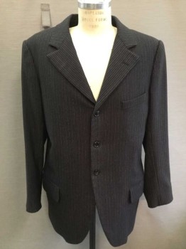 Mens, Suit, Jacket, 1890s-1910s, MTO, Chocolate Brown, Gray, Wool, Stripes - Pin, 44, Single Breasted, 3 Buttons,  3 Pockets, Notched Lapel,