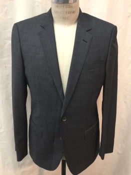 HUGO BOSS, Gray, Dk Gray, Wool, Speckled, Gray/Black Microcheck/Speck, Single Breasted, Notched Lapel, 2 Buttons, 3 Pockets, Dark Gray with White Dots Lining