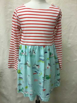 Childrens, Dress, Mini Boden, White, Red, Lt Blue, Multi-color, Cotton, Stripes, Animal Print, 7/8 Yr, Round Neck With Two Buttons, White & Red Stripped Top With Light Blue Skirt, Animal/house/light House Print, Gathered Waist, Long Sleeves,