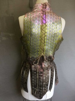Womens, Sci-Fi/Fantasy Breastplate, MTO, Pink, Lime Green, Silver, Leather, Metallic/Metal, Geometric, 38B, 2 PIECES. Lacing/Ties Up Back And Sides, Asymmetrical Neckline, Detachable Skirt