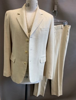 Mens, 1920s Vintage, Suit, Jacket, N/L MTO, Cream, Wool, Herringbone, 38R, Made To Order, Single Breasted, Notched Lapel, 3 Buttons, 3 Pockets