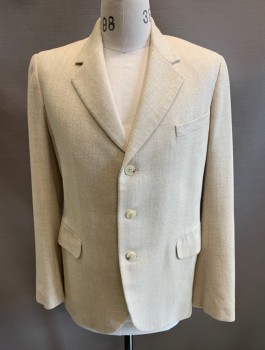 Mens, 1920s Vintage, Suit, Jacket, N/L MTO, Cream, Wool, Herringbone, 38R, Made To Order, Single Breasted, Notched Lapel, 3 Buttons, 3 Pockets