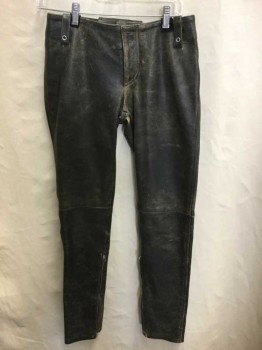 Womens, Leather Pants, Tommy Jeans, Brown, Leather, 28, Distressed Leather, Zip Fly, Clasp Closure, Skinny, Silver Zippers At Ankle, Back Silver Chain Detail