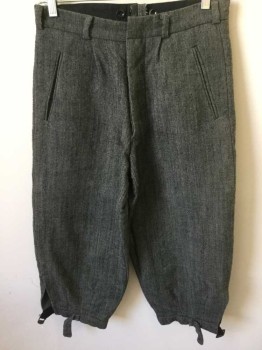 Childrens, Pants 1890s-1910s, MTO, Gray, Black, Wool, Houndstooth, W28, Knickers, Tiny Houndstooth Weave, Button Fly,  Belt Loops, 3 Pockets, Buckles at Knees, Wool Has Been Washed, Stiff Wool, Golf