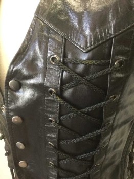 Mens, Leather Vest, SECOND SKIN, Black, Leather, Solid, S, Snap Closures at Front, 2 Large Lace Up Panels with Silver Grommets at Either Side of Front, Smaller Lace Up Panels at Side Seams, Western Style Pointed Yoke Across Chest, Black Lining