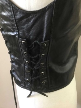 Mens, Leather Vest, SECOND SKIN, Black, Leather, Solid, S, Snap Closures at Front, 2 Large Lace Up Panels with Silver Grommets at Either Side of Front, Smaller Lace Up Panels at Side Seams, Western Style Pointed Yoke Across Chest, Black Lining