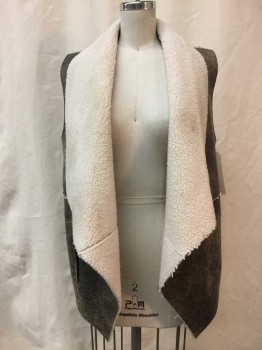 JACK, Brown, Faux Leather, Synthetic, Mottled, Dk Brown Mottled Faux Leather, Cream Faux Shearling Lined, Large Open Collar Attached, 2 Pockets,