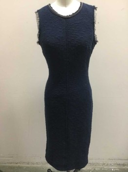 REBECCA TAYLOR, Navy Blue, Cotton, Polyester, Solid, Heavy Texture Weave, Sleeveless with Eyelash Trim, Round Neck with Black Chain, Center Back Zipper,