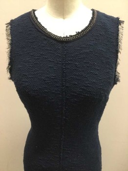 REBECCA TAYLOR, Navy Blue, Cotton, Polyester, Solid, Heavy Texture Weave, Sleeveless with Eyelash Trim, Round Neck with Black Chain, Center Back Zipper,