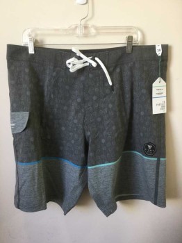 VISSLA, Gray, Lt Gray, Aqua Blue, Blue, Polyester, Cotton, Geometric, Color Blocking, Board Shorts, Gray with Light Gray Spirals/Circles Pattern, Horizontal Blue and Aqua Stripes on Each Leg with Lighter Gray Striped Panel at Bottom 6" of Hem, Velcro Fly, White Cord Laces at Waist, 9.5" Inseam