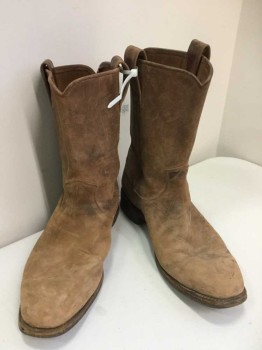 Mens, Cowboy Boots , LONGHORN, Brown, Leather, Solid, 9, Worn Leather, No Embroidery, Rounded Square Toes, Low Calf Length, 1.5" Heel