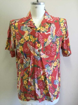 POLO RALPH LAUREN, Dusty Red, Blue, Yellow, Green, White, Viscose, Floral, Novelty Pattern, Button Front, Short Sleeves, Collar Attached, Crane and Flower Print, 2 Pockets, Double