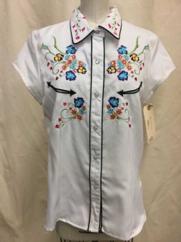 SCULLY, White, Black, Multi-color, Synthetic, Rhinestones, Solid, Floral, White, Black Piping Trim, Colorful Floral Embroiderred Yolk with Rhinestones, Short Sleeves, Collar Attached,