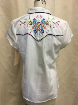 SCULLY, White, Black, Multi-color, Synthetic, Rhinestones, Solid, Floral, White, Black Piping Trim, Colorful Floral Embroiderred Yolk with Rhinestones, Short Sleeves, Collar Attached,