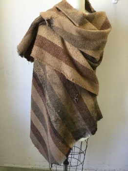 Womens, Shawl 1890s-1910s, N/L, Tan Brown, Brown, Faded Black, Camel Brown, Wool, Stripes, N/S, Scratchy Wool, Aged/Distressed,  Holes, Raw Edge,