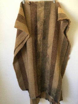 Womens, Shawl 1890s-1910s, N/L, Tan Brown, Brown, Faded Black, Camel Brown, Wool, Stripes, N/S, Scratchy Wool, Aged/Distressed,  Holes, Raw Edge,