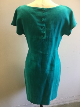 BANANA REPUBLIC, Teal Green, Linen, Solid, Bateau Neck, Cap Sleeves, 4 Buttons Center Back with Zipper, Horizontal Panels With Top Stitching, Knee Length