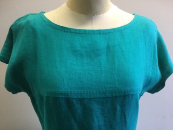 BANANA REPUBLIC, Teal Green, Linen, Solid, Bateau Neck, Cap Sleeves, 4 Buttons Center Back with Zipper, Horizontal Panels With Top Stitching, Knee Length