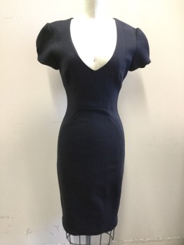 L'AGENCE, Navy Blue, Nylon, Cotton, Solid, Textured, V-neck, Pleated Short Sleeves, Curved Seams, Zip Back