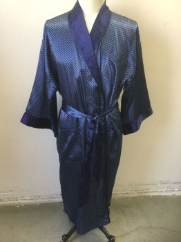 CLAIBORNE, Polyester, Navy with Small Blue and White Squares and Diamonds Pattern Satin, L/S, Solid Navy Shawl Lapel & Cuffs, 3 Patch Pockets, Self Sash Belt Ties Attached at CB