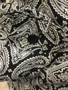 Womens, Dress, Piece 1, JONES NY, Black, Off White, Rayon, Paisley/Swirls, Diamonds, 12, (2 Pc:  Blouse and Skirt)  Black with Cream Paisley/diamond Print, Collar Attached with Self Tie Neck, Button Front, Long Sleeves with French Cuffs- Black Button, with Matching Skirt