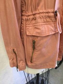 MAX JEANS, Salmon Pink, Tencel, Solid, Self Quilt Collar Attached, Zip Front, Epaulettes, 4 Pockets with Zipper, 2 Pockets with Flap, D-string Waist, Long Sleeves with Matching Zipper