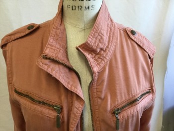 MAX JEANS, Salmon Pink, Tencel, Solid, Self Quilt Collar Attached, Zip Front, Epaulettes, 4 Pockets with Zipper, 2 Pockets with Flap, D-string Waist, Long Sleeves with Matching Zipper