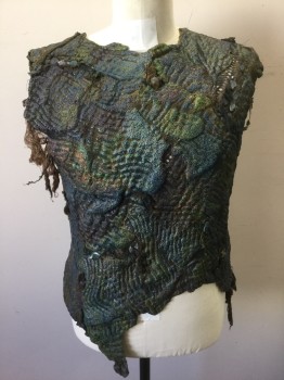 N/L MTO, Dk Gray, Dk Olive Grn, Moss Green, Brown, Pewter Gray, Latex, Synthetic, Mottled, Abstract , Alien/Creature Skin Texture, Sleeveless, Round Neck,  Small Stones and Hanging Fabric Bits Throughout, Jagged/Uneven Edges, Made To Order