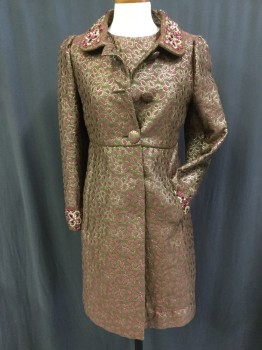 Womens, Suit, Jacket, VALENTINO RED, Brown, Gold, Maroon Red, Acetate, Cotton, Floral, Abstract , 2, Single Breasted, 3 Self Covered Buttons and 2 Large Snap Front Close, Rounded Collar, 2 Pockets, Piping at Waist and Down Skirt Seams, Beaded and Sequined Floral with Collar and Cuffs, Evening, Cocktail